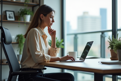 Femme concentrée travaillant sur un ultrabook dans un bureau lumineux