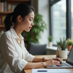 Femme concentrée travaillant sur un ordinateur portable dans un bureau professionnel