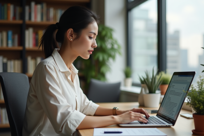 Femme concentrée travaillant sur un ordinateur portable dans un bureau professionnel