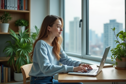 Jeune femme au bureau moderne travaillant sur son ordinateur