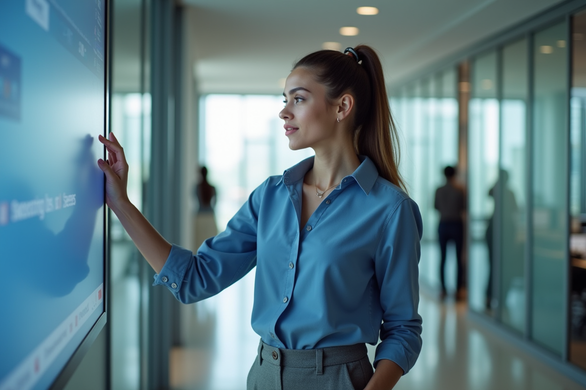 Femme dans un couloir de bureau regardant un écran