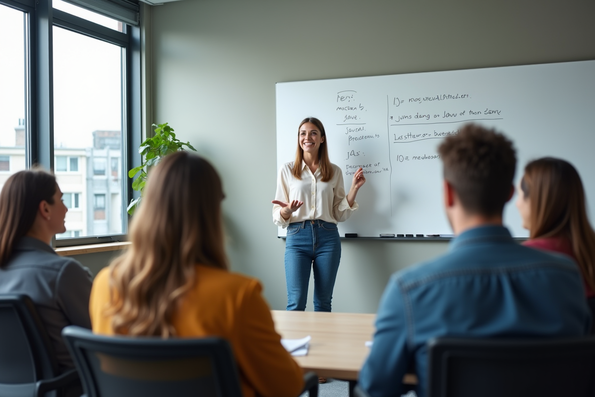 Femme expliquant Java à un groupe dans une salle de classe contemporaine
