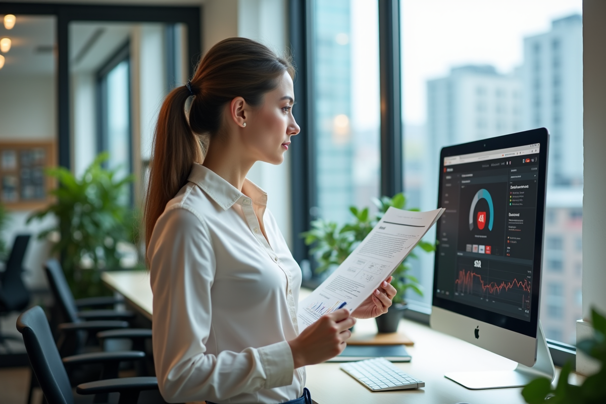 Femme regardant un rapport d erreur 404 dans un espace lumineux