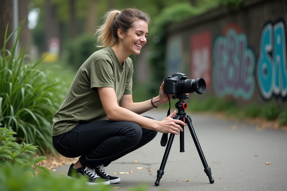 Femme filmant en extérieur dans un parc urbain en souriant