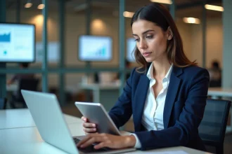 Jeune femme professionnelle en bureau moderne avec tablette