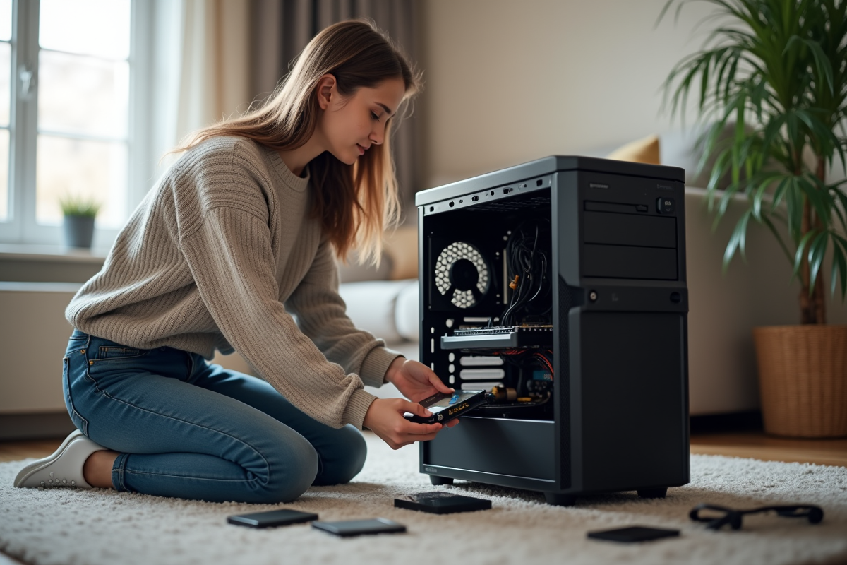 Jeune femme connectant un disque dur à un ordinateur