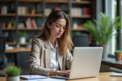 Jeune femme en bureau moderne travaillant sur SEO