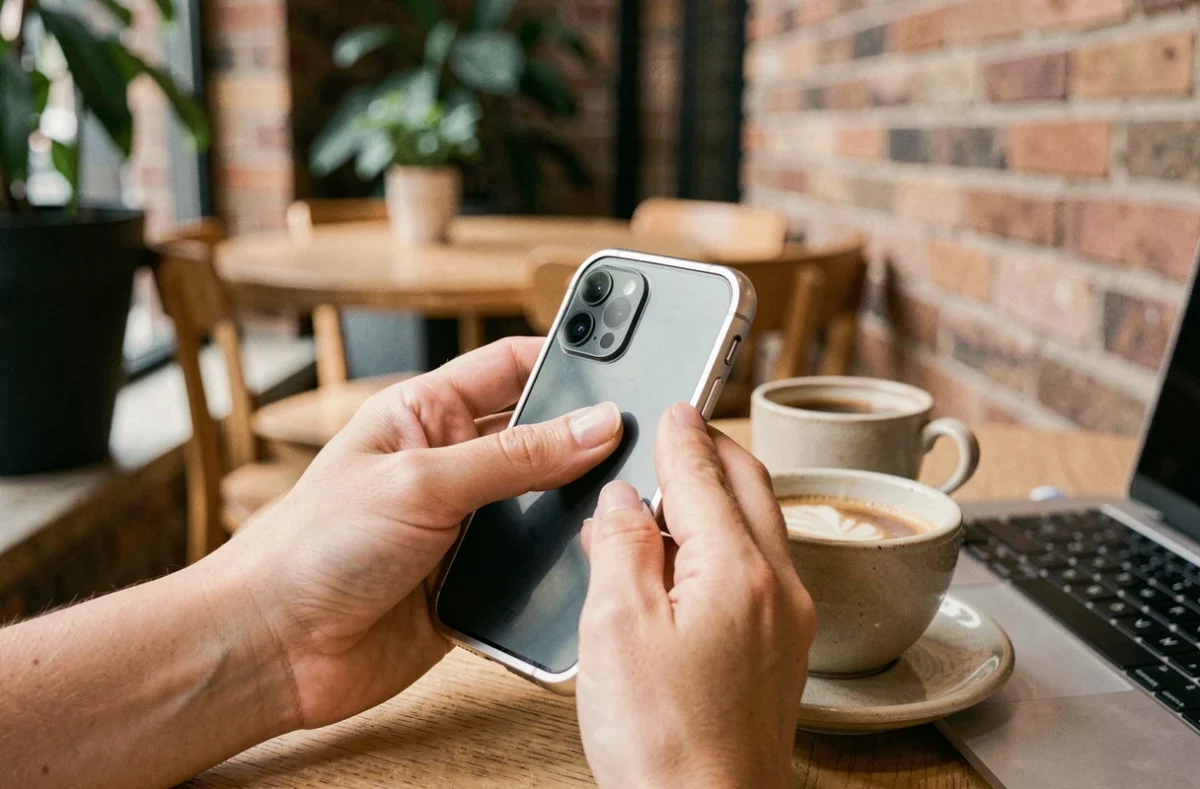 Main de femme tenant un smartphone Tesla futuriste dans un café urbain moderne avec un laptop et une tasse d'espresso
