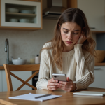 Jeune femme utilisant son téléphone dans une cuisine moderne
