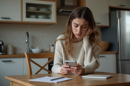 Jeune femme utilisant son téléphone dans une cuisine moderne