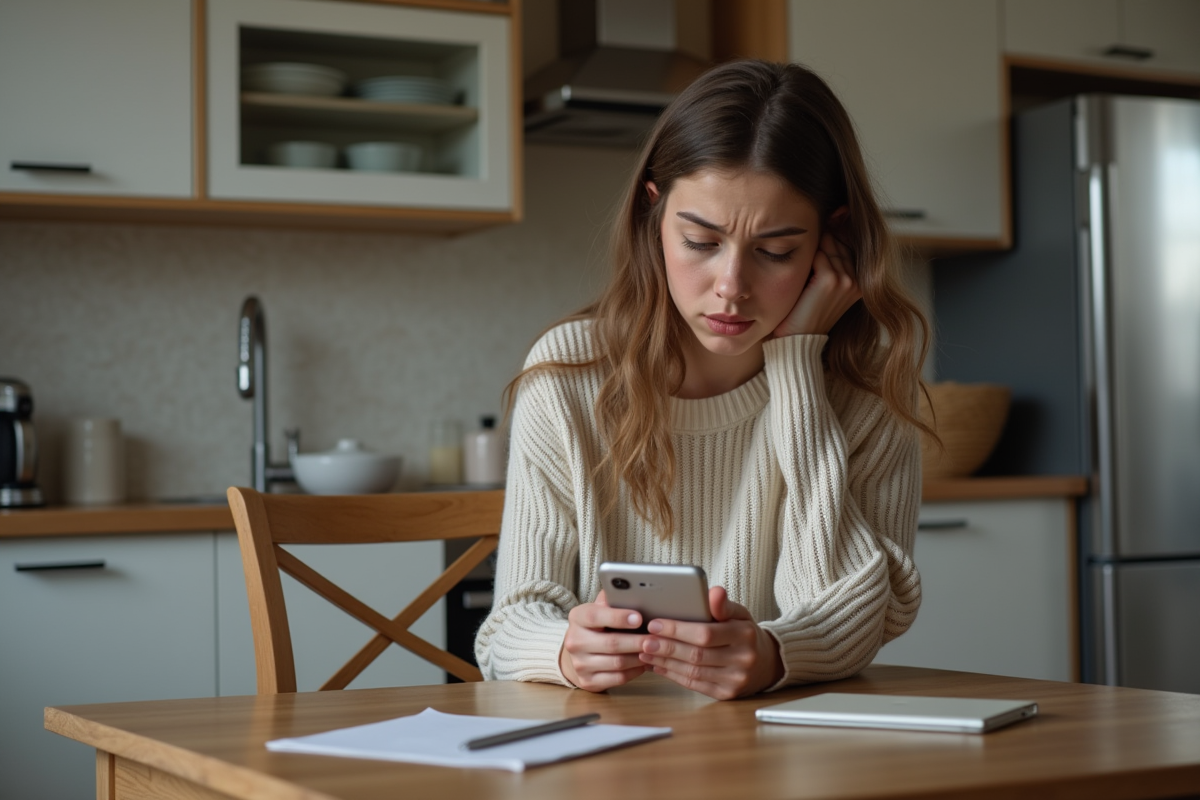 Jeune femme utilisant son téléphone dans une cuisine moderne