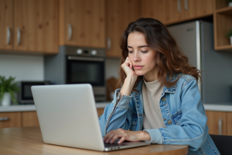 Jeune femme assise à une table de cuisine regardant son ordinateur