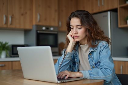 Jeune femme assise à une table de cuisine regardant son ordinateur