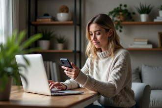 Femme assise à un bureau moderne utilisant un ordinateur portable