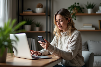 Femme assise à un bureau moderne utilisant un ordinateur portable
