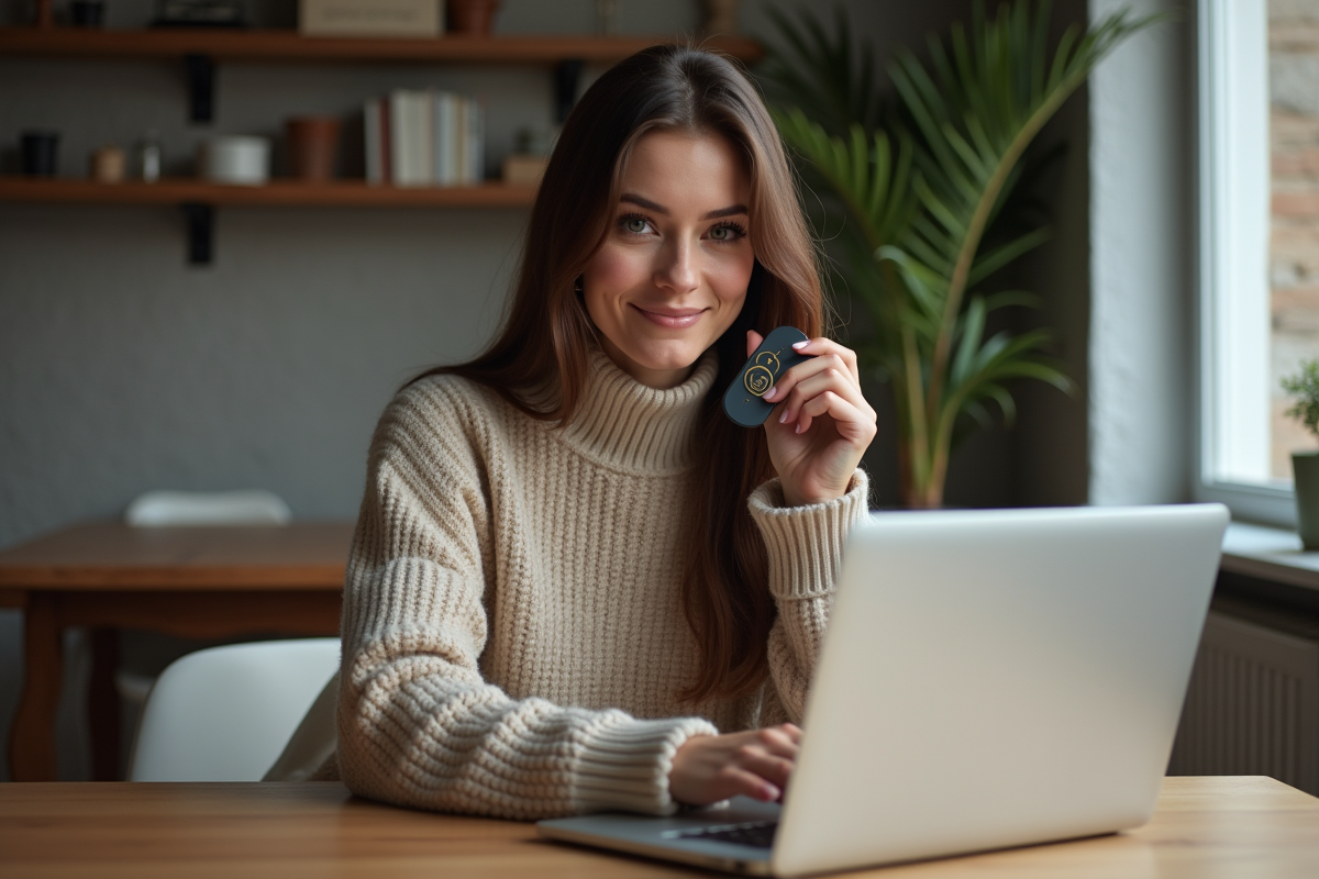 Femme utilisant un ordinateur portable avec clé de sécurité à la maison