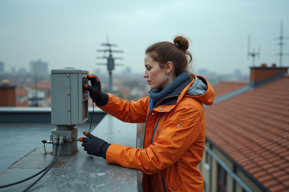 Femme vérifie une connexion de station météo sur un toit urbain
