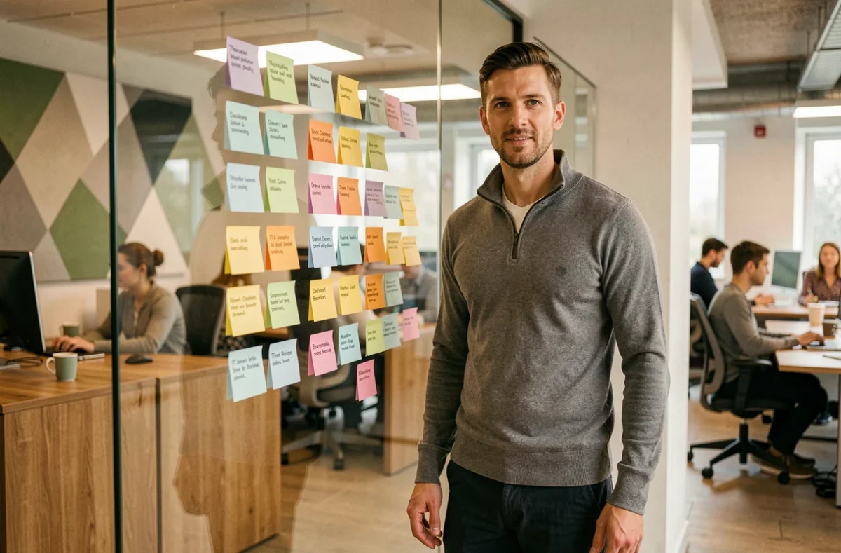 Chef de projet IT de Formind devant un tableau Kanban de gestion de projets informatiques dans un bureau breton moderne