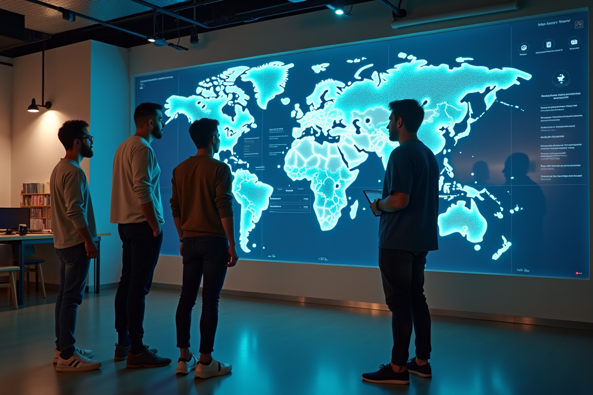 Jeunes adultes collaborant autour d une carte virtuelle