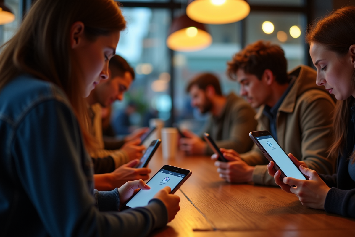 Groupe de personnes utilisant leurs smartphones dans un café