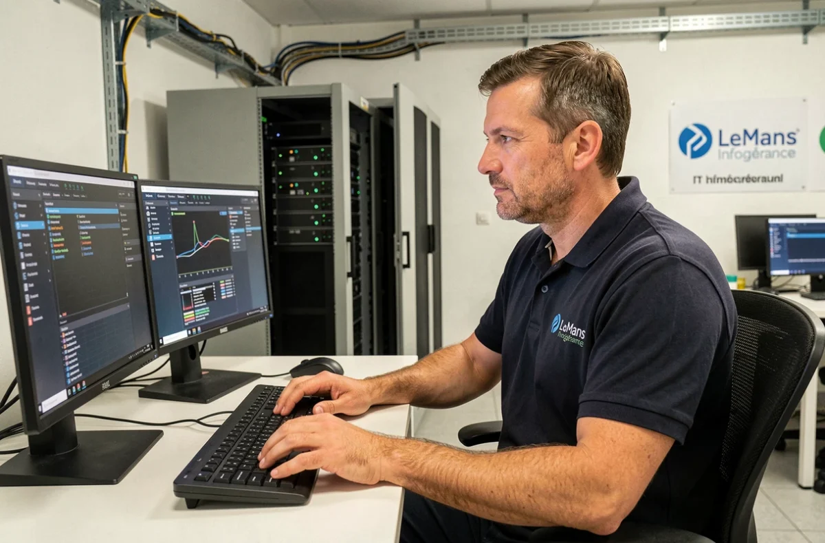 Technicien de GS-IT Infogérance Le Mans supervisant un réseau informatique d'entreprise