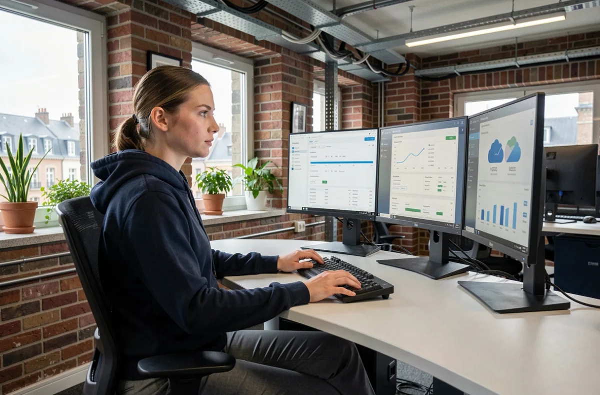 Ingénieure réseau d'Hexanet gérant des services d'hébergement et de cloud dans un bureau moderne à Rennes