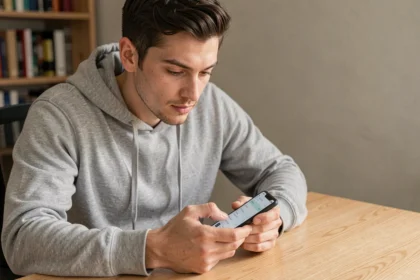 Homme utilisant une application d'historique du presse-papier sur son smartphone Android à son bureau