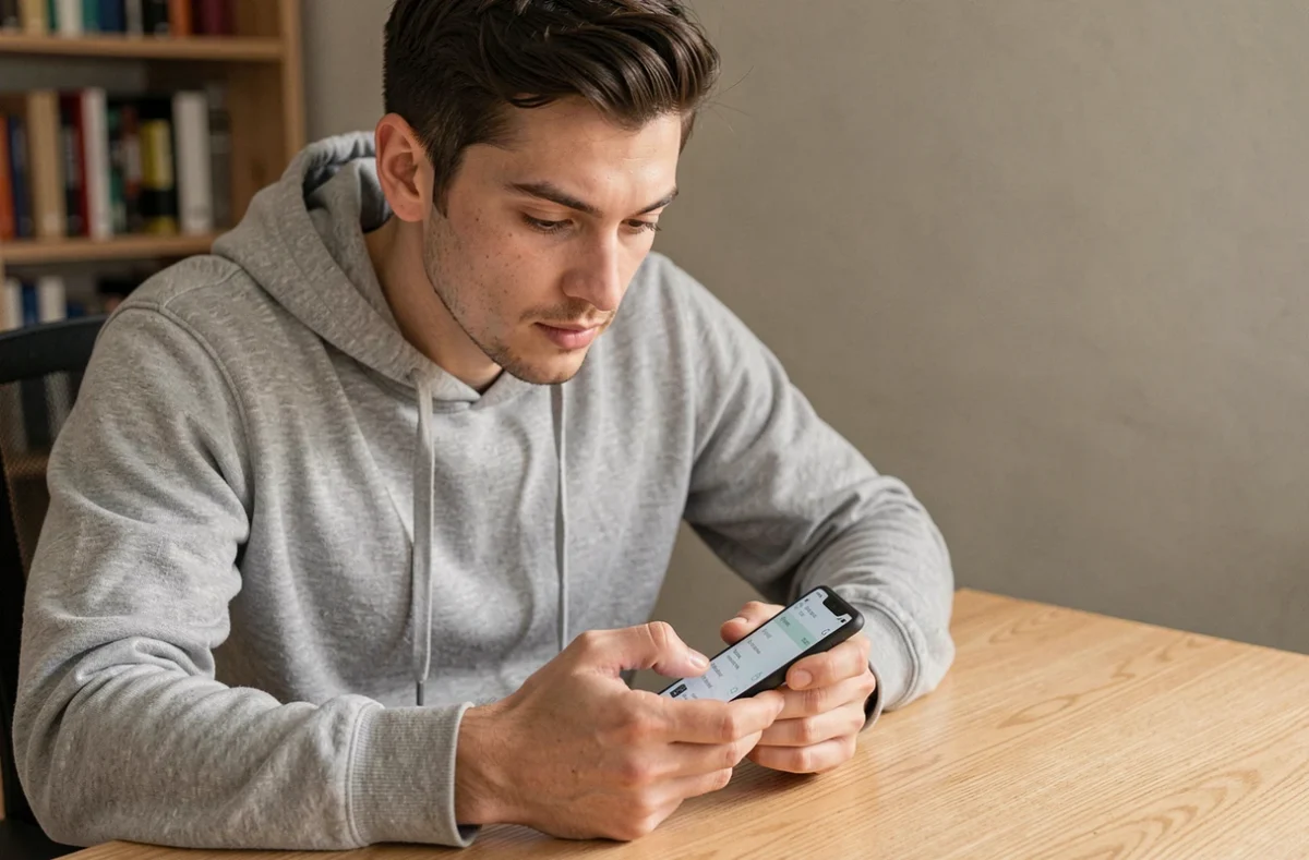 Homme utilisant une application d'historique du presse-papier sur son smartphone Android à son bureau