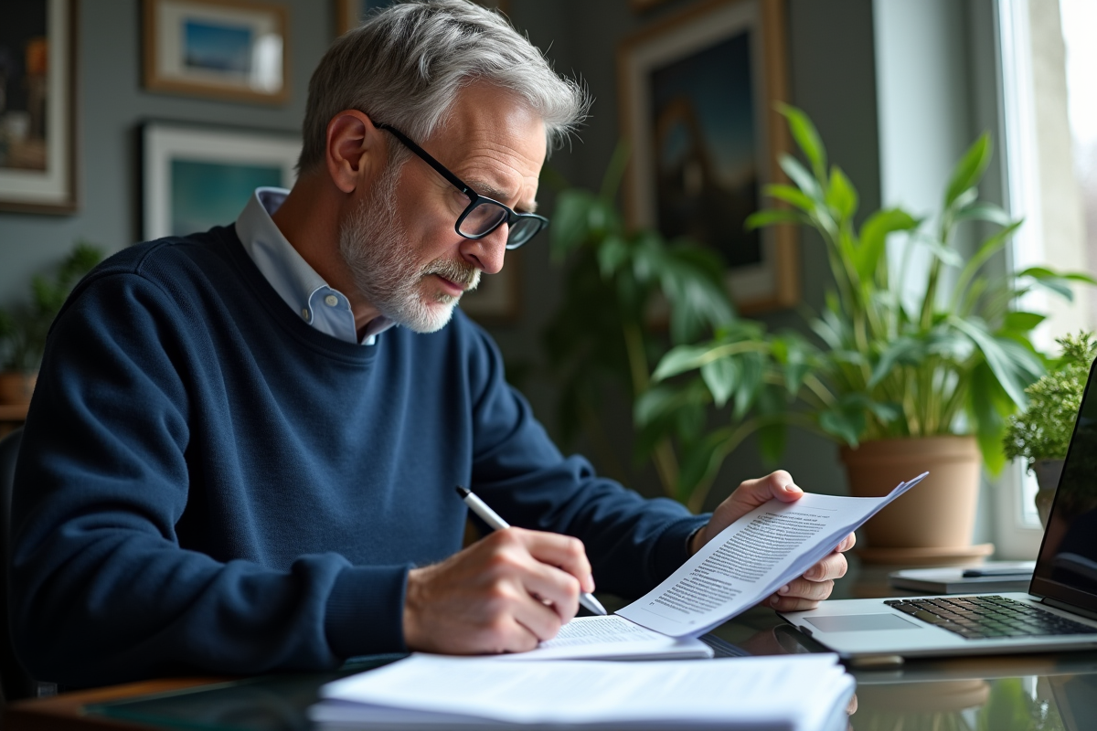Homme âgé annotant des documents dans un bureau à domicile moderne
