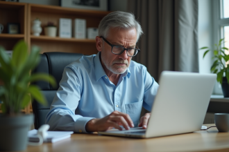 Homme d'âge moyen au bureau informatique concentré