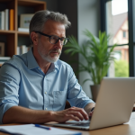 Homme d'âge moyen travaillant sur un ordinateur dans un bureau moderne