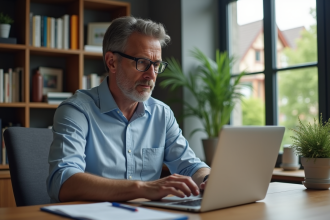 Homme d'âge moyen travaillant sur un ordinateur dans un bureau moderne