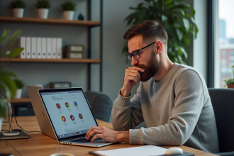 Homme en bureau moderne regardant son ordinateur portable