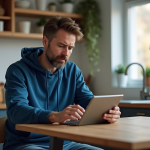 Homme utilisant une tablette pour tester le WiFi à la maison