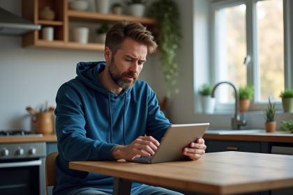 Homme utilisant une tablette pour tester le WiFi à la maison