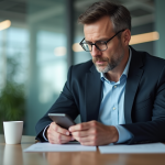 Homme d'affaires entrant un code sur son smartphone dans un bureau moderne