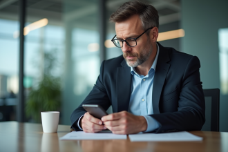 Homme d'affaires entrant un code sur son smartphone dans un bureau moderne