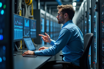 Homme professionnel en informatique dans un centre de données