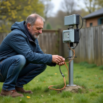 Homme en windbreaker installe une station météo en campagne