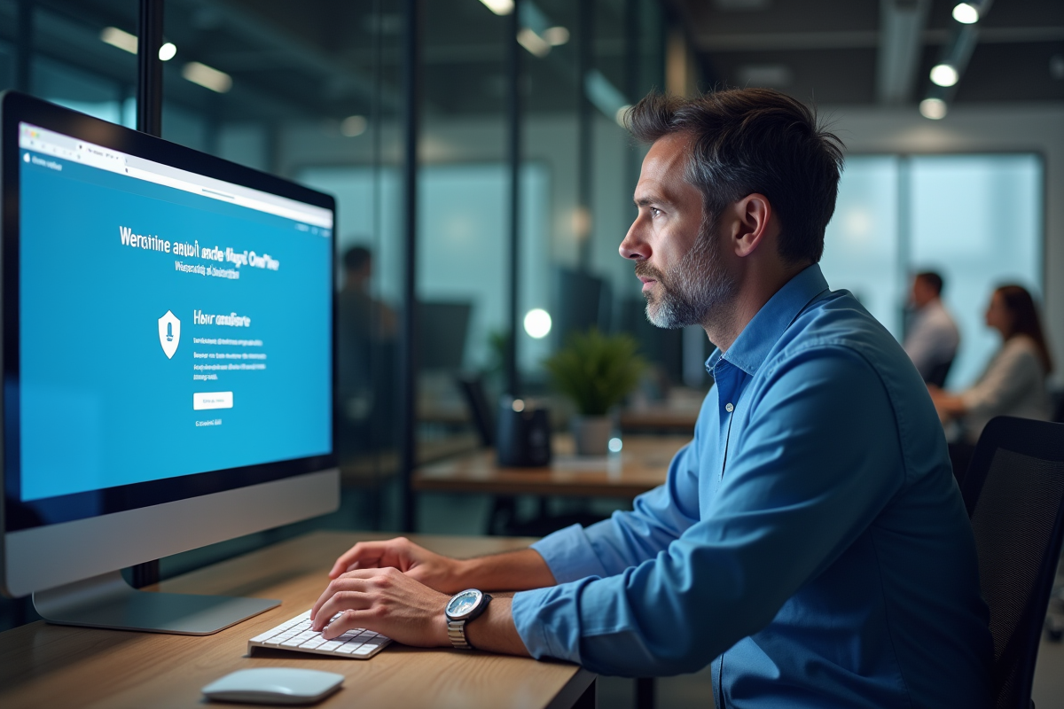 Homme au bureau analysant une alerte ransomware sur son écran