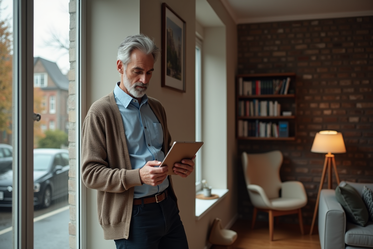 Homme d age moyen suivant une formation SEO chez lui