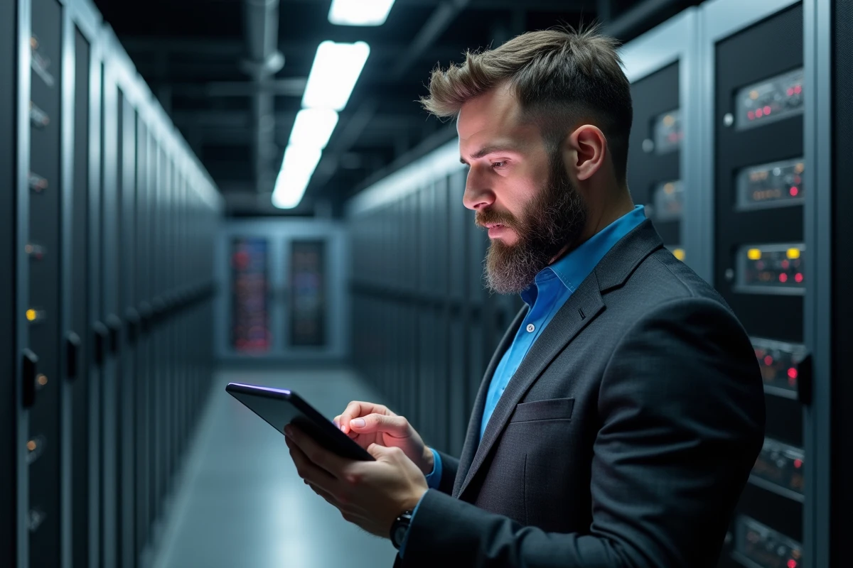 Homme avec tablette dans une salle serveurs sécurisée