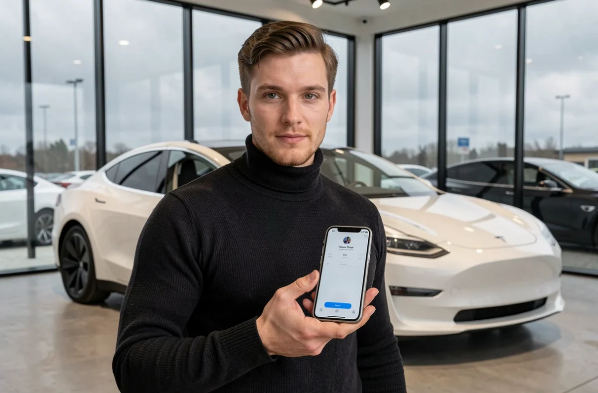 Homme tenant un prototype de smartphone Tesla dans un showroom de véhicules électriques avec une Tesla blanche en arrière-plan