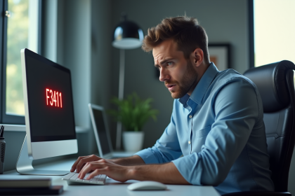 Homme frustré devant un ordinateur avec erreur F3411