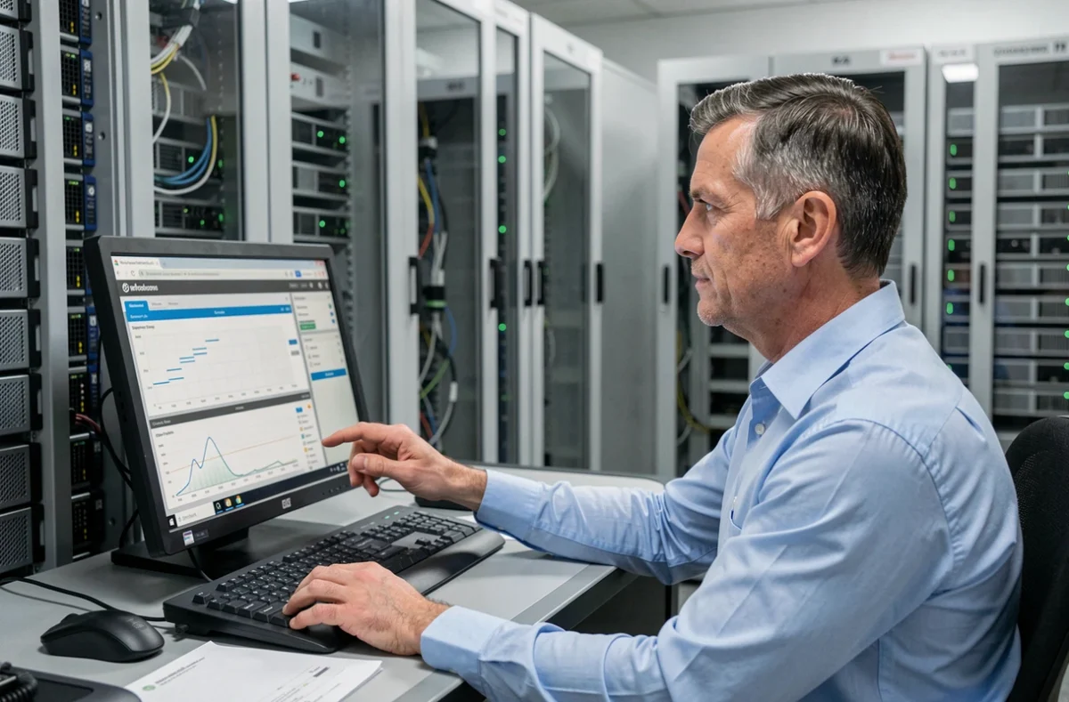 Spécialiste en hébergement d'Iliane Informatique supervisant des serveurs dans un centre d'hébergement d'entreprise