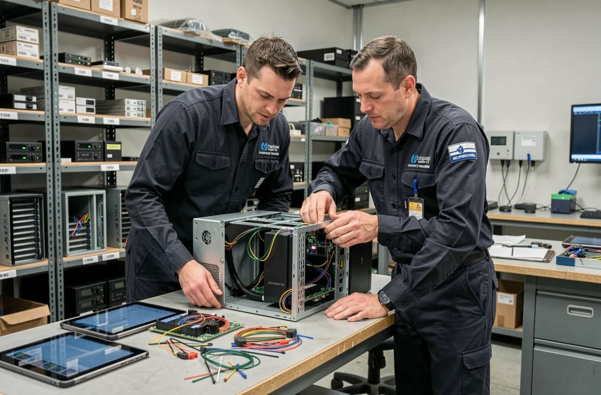 Techniciens d'IMS Entreprises réparant un serveur dans un atelier de maintenance informatique professionnel