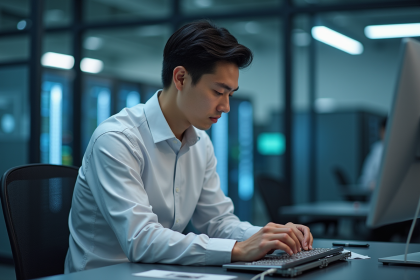 Jeune ingénieur étudiant un composant quantique moderne