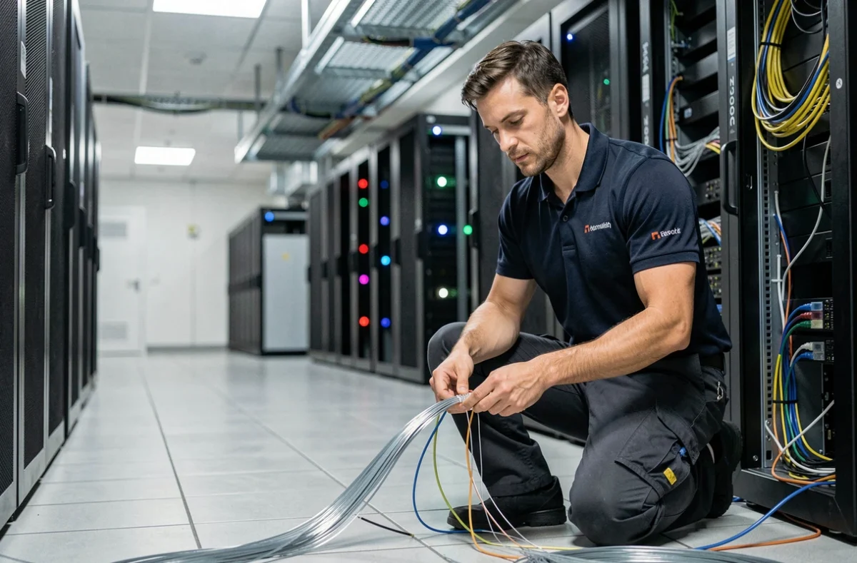 Ingénieur réseau INOPS installant des câbles fibre optique dans une salle de serveurs