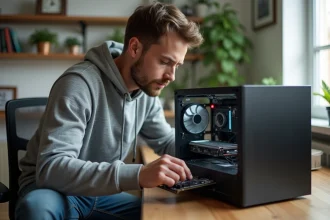 Jeune homme installant une carte graphique dans un PC à la maison