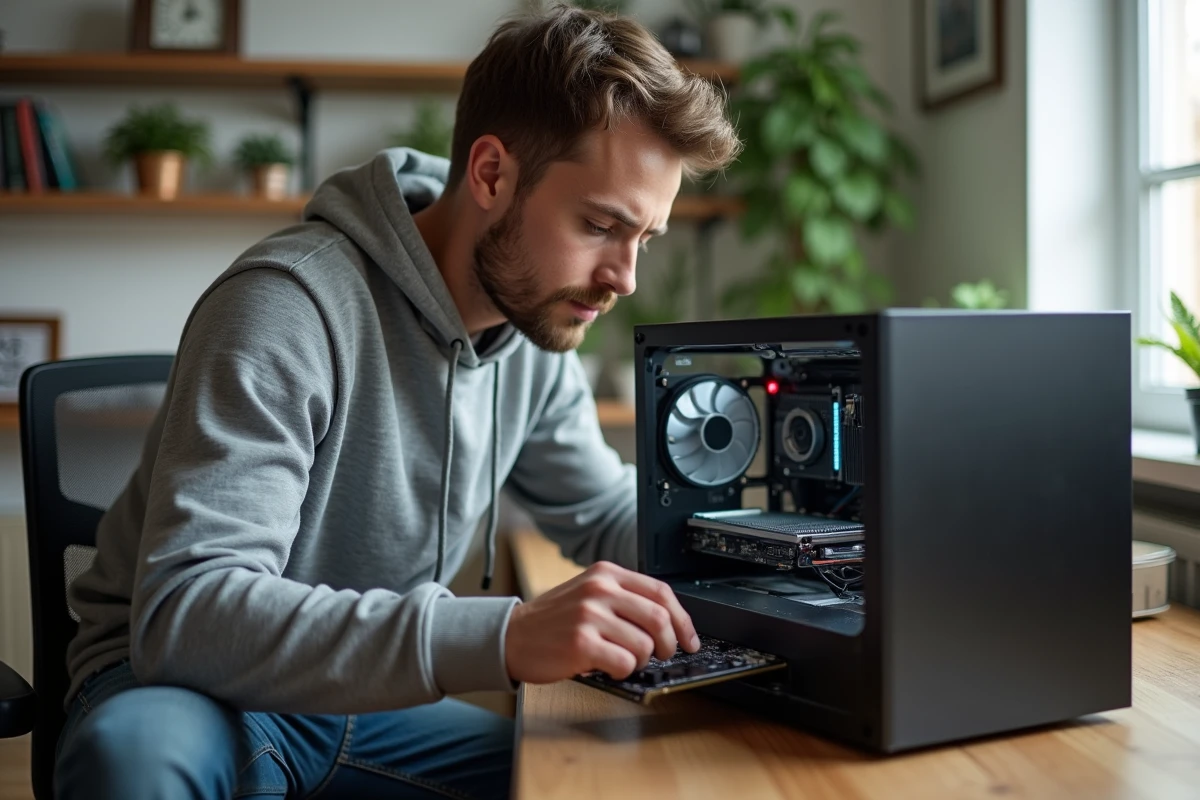 Jeune homme installant une carte graphique dans un PC à la maison